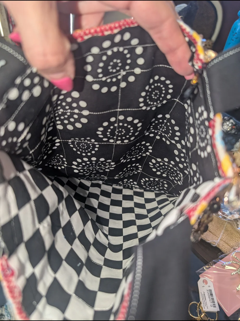 Boho Black & White Checkered Tote with Multicolor Embellished Trim